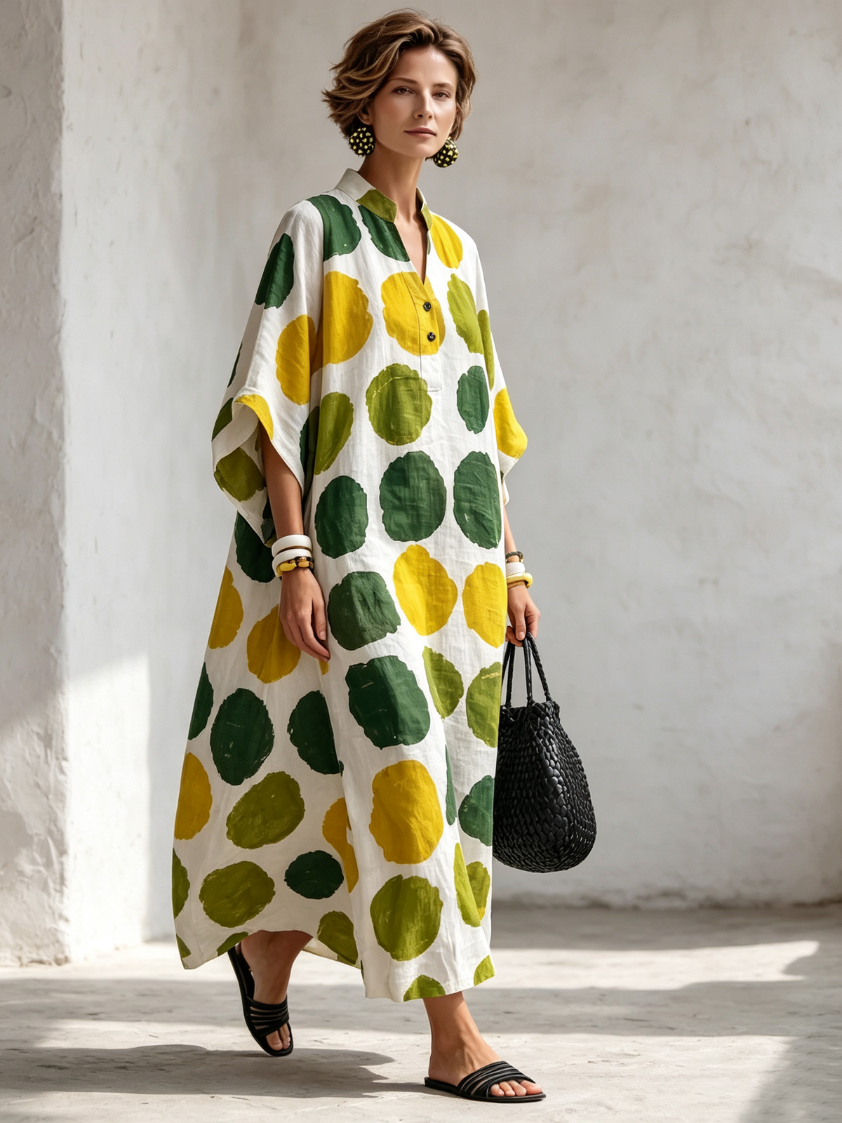 Artistic Polka-dot Cotton-linen Casual Vacation Maxi Dress
