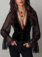 Stylish And Sexy Slim-fit Stretch Velvet Top With Lace Paneling