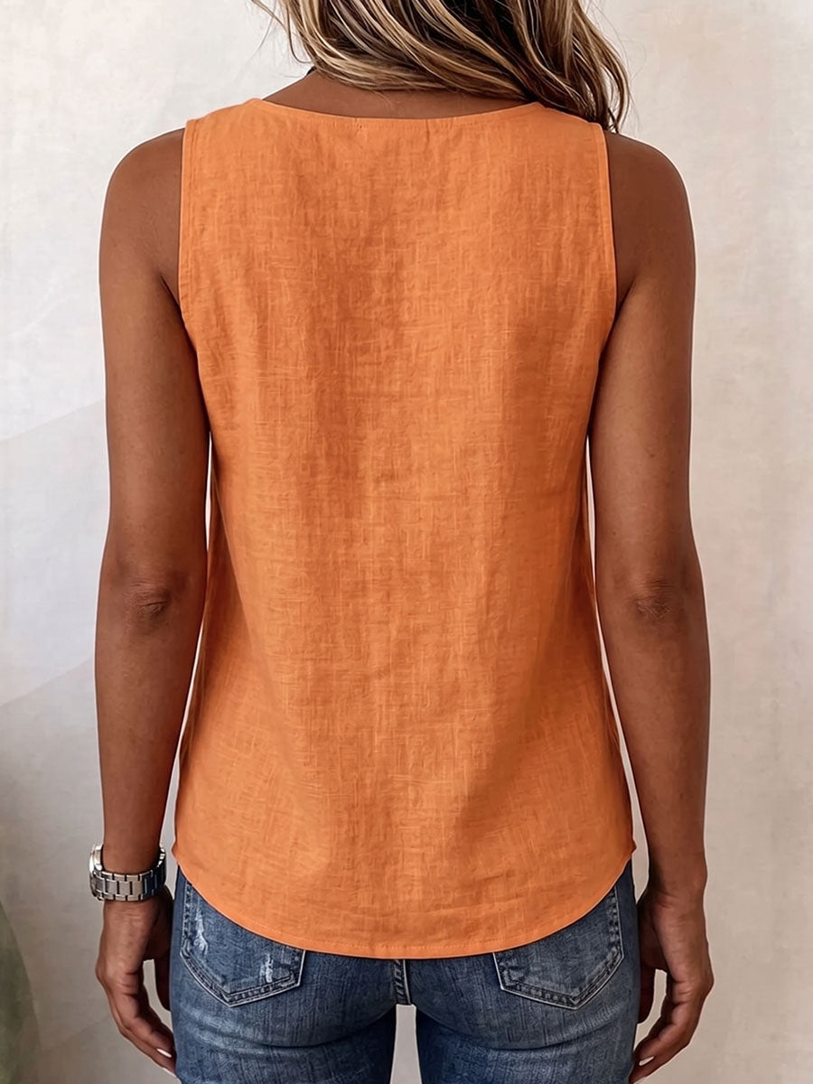 Women's Solid-color V-neck Sleeveless Casual Loose Cotton-linen Top