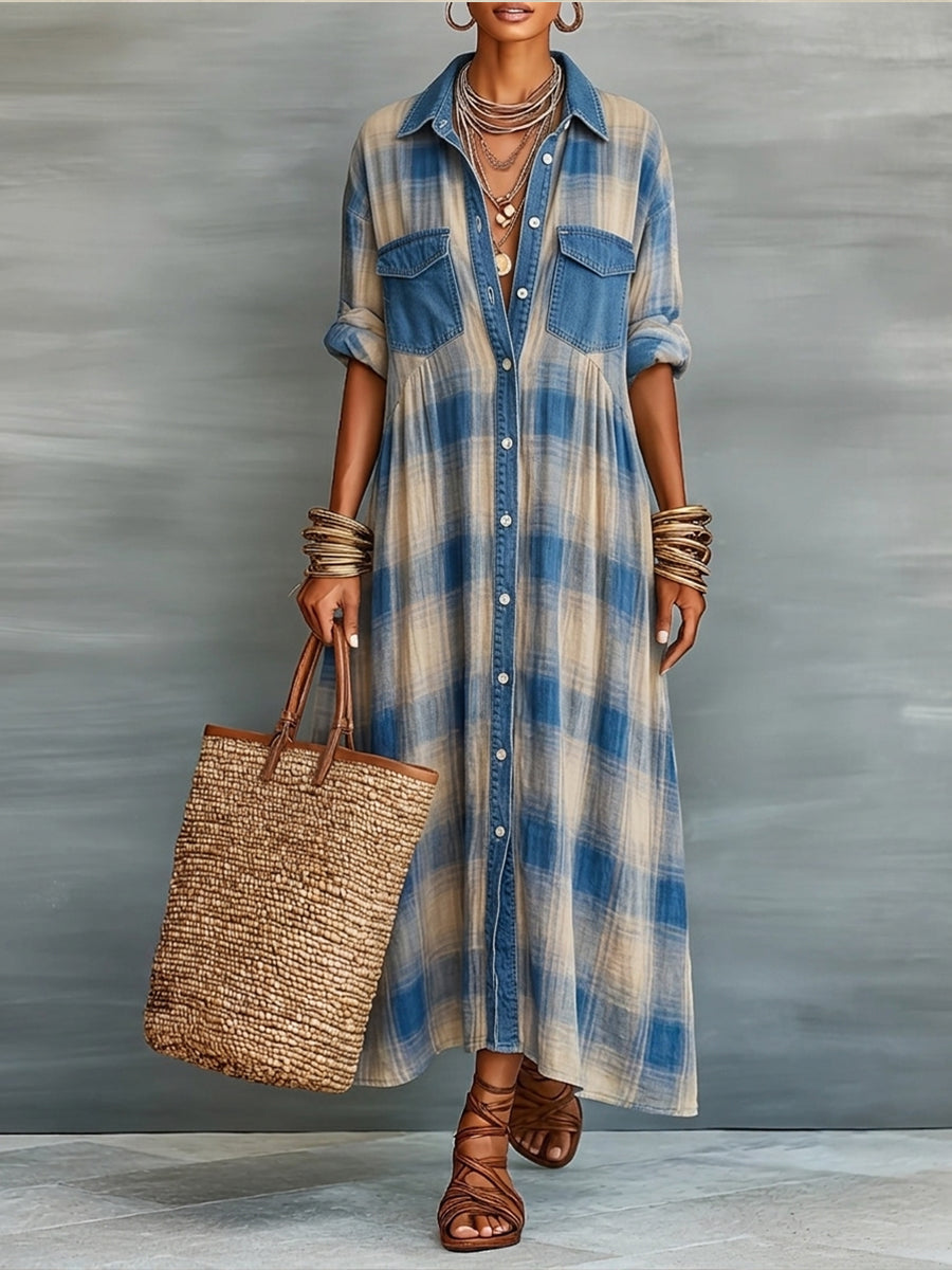 Casual Patchwork Denim, LinenAnd Cotton Plaid Shirt Dress