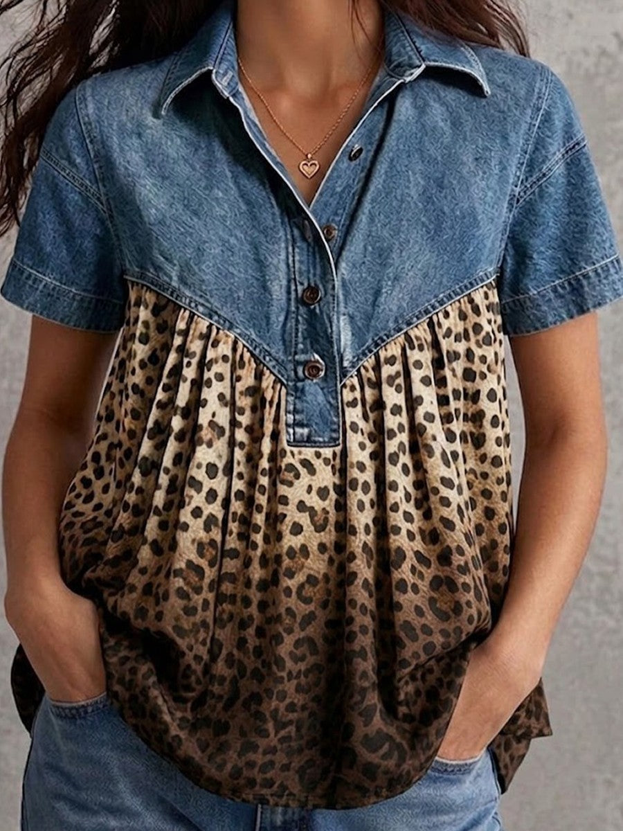 Women's Short-sleeve Shirt With Denim Paneling And Gradient Leopard Print