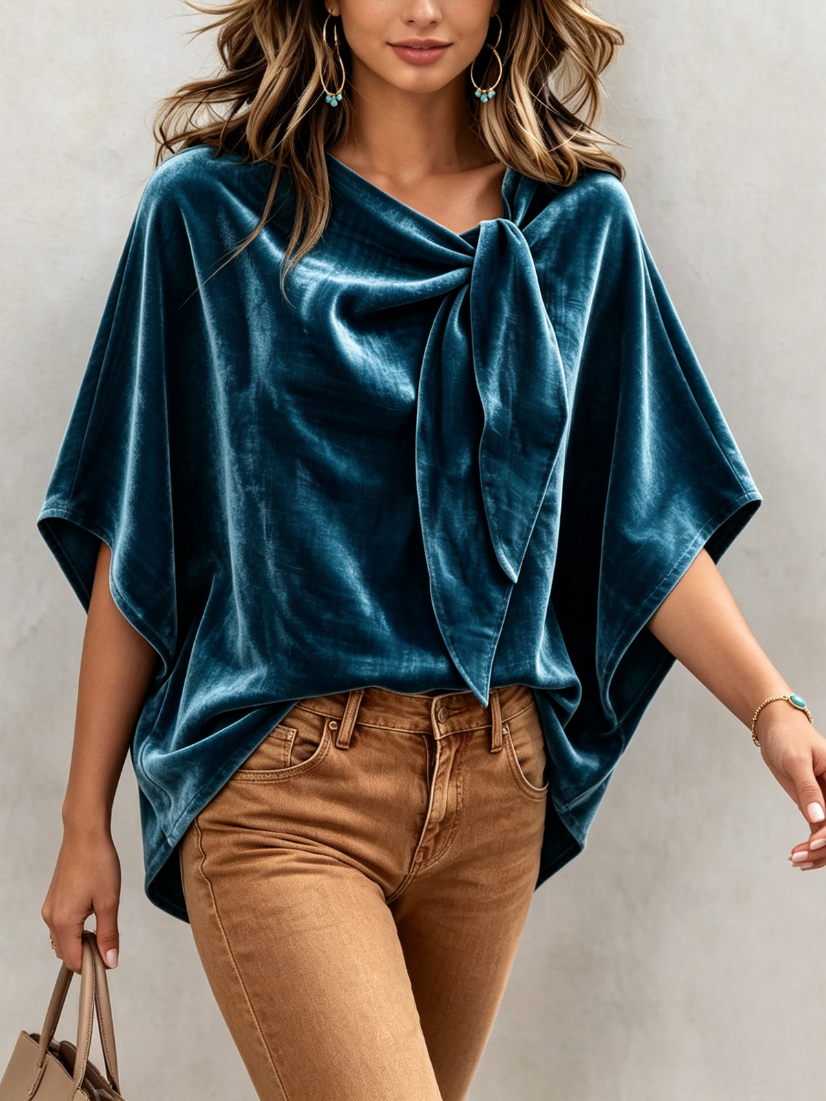 Retro-elegant Bow Tie Collar Batwing Sleeve Velvet Shirt Top