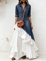 Asymmetrical Denim Patchwork Chiffon Maxi Dress
