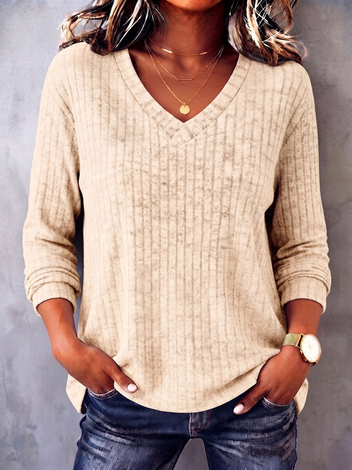 Casual Cozy V-neck Ribbed Knit Top
