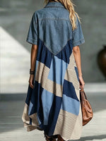 Denim Collar Geometric Patchwork Stripe Loose Short Sleeve Maxi Dress