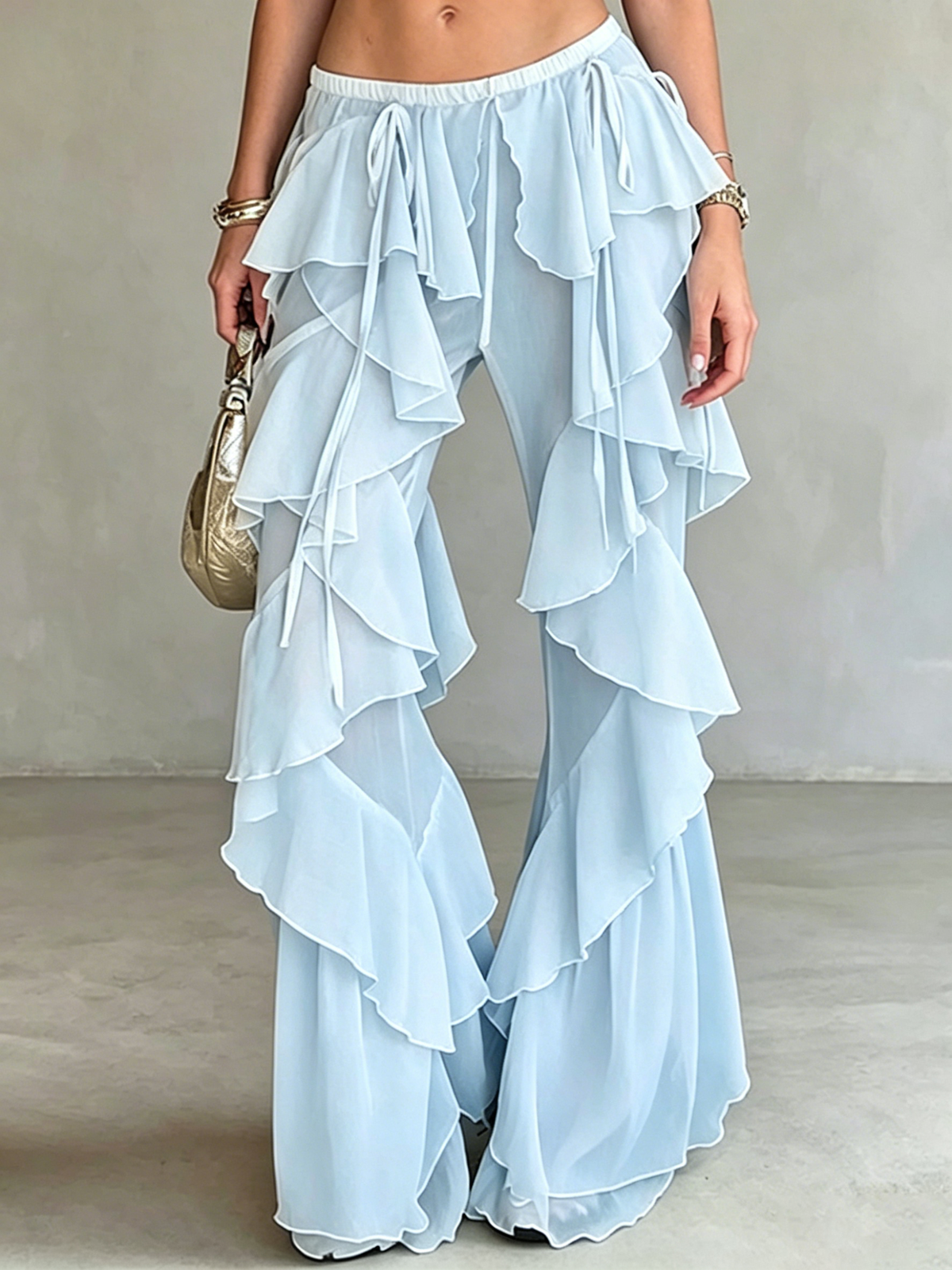High-waisted Tencel Slight-flare Trousers With Side Lacing And Tiered Ruffles