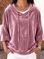 Women's Solid Color 3/4 Sleeve Casual Loose Velvet Hooded Top