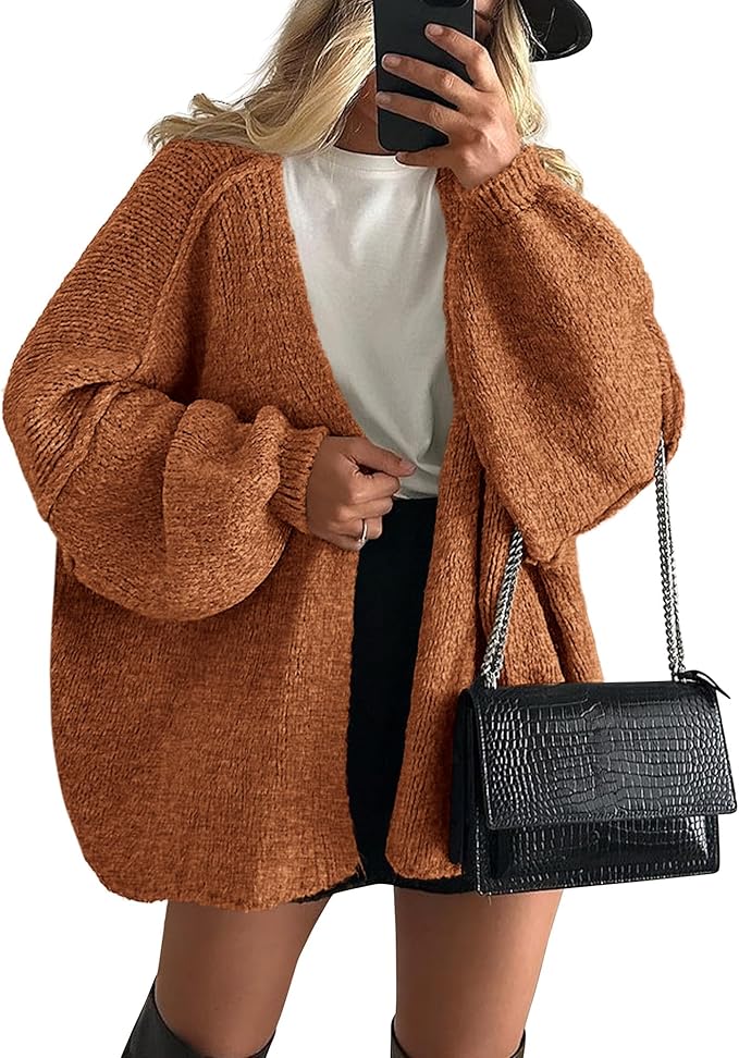 Long Lantern Sleeve Knit Open Front Lightweight Sweater