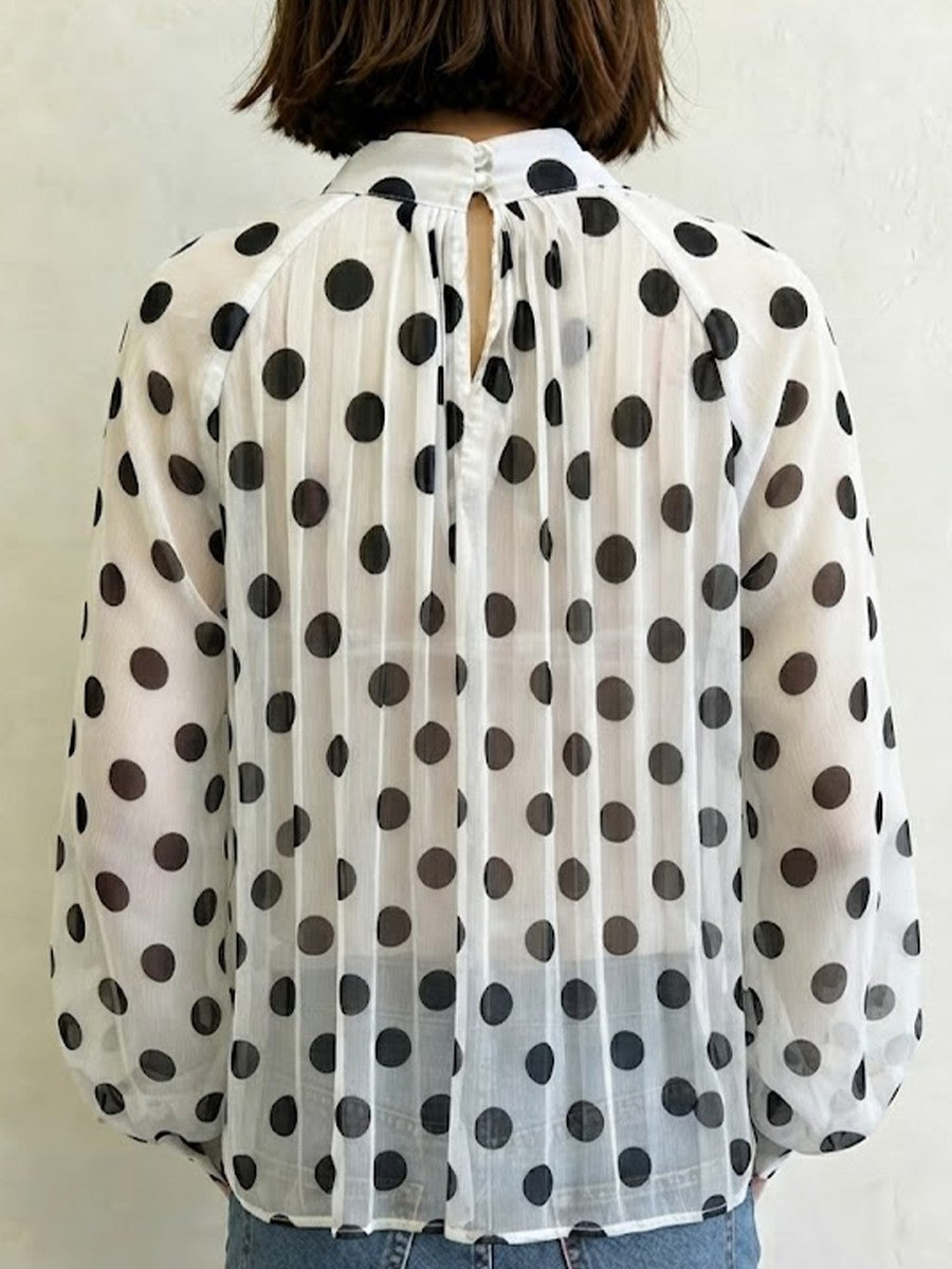 Elegant, Loose-fitting Women's Blouse Featuring Polka Dots, A Tie-neck, And Sheer Lantern Sleeves