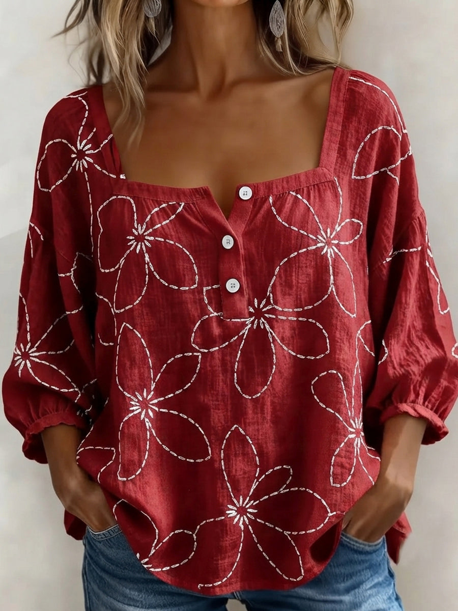 Vintage Floral Print Square Neck Puff Sleeve Blouse