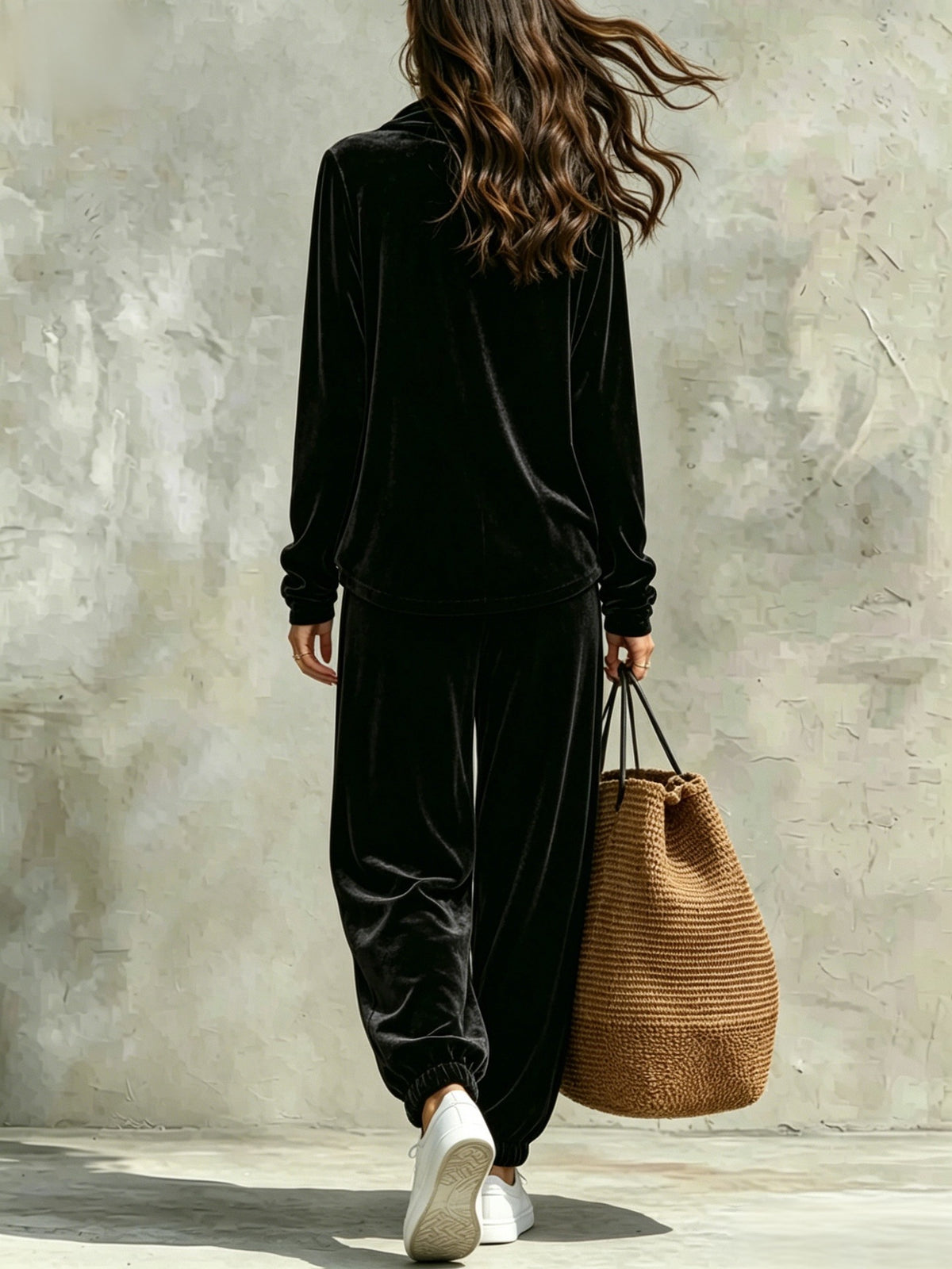 Comfortable And Casual Velvet Cowl-neck Top And Trousers Two-piece Set
