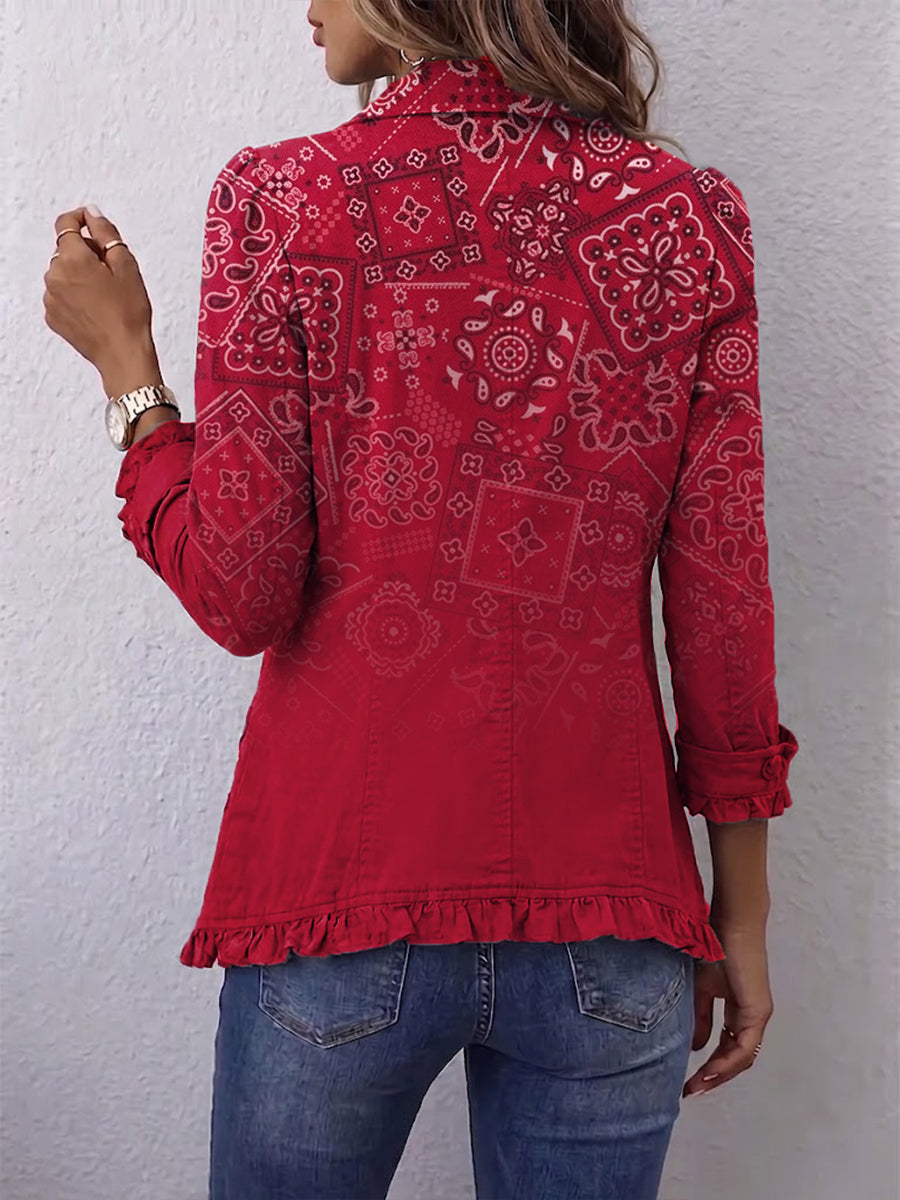 Bohemian Paisley Ombré Print Ruffled Linen-cotton Jacket