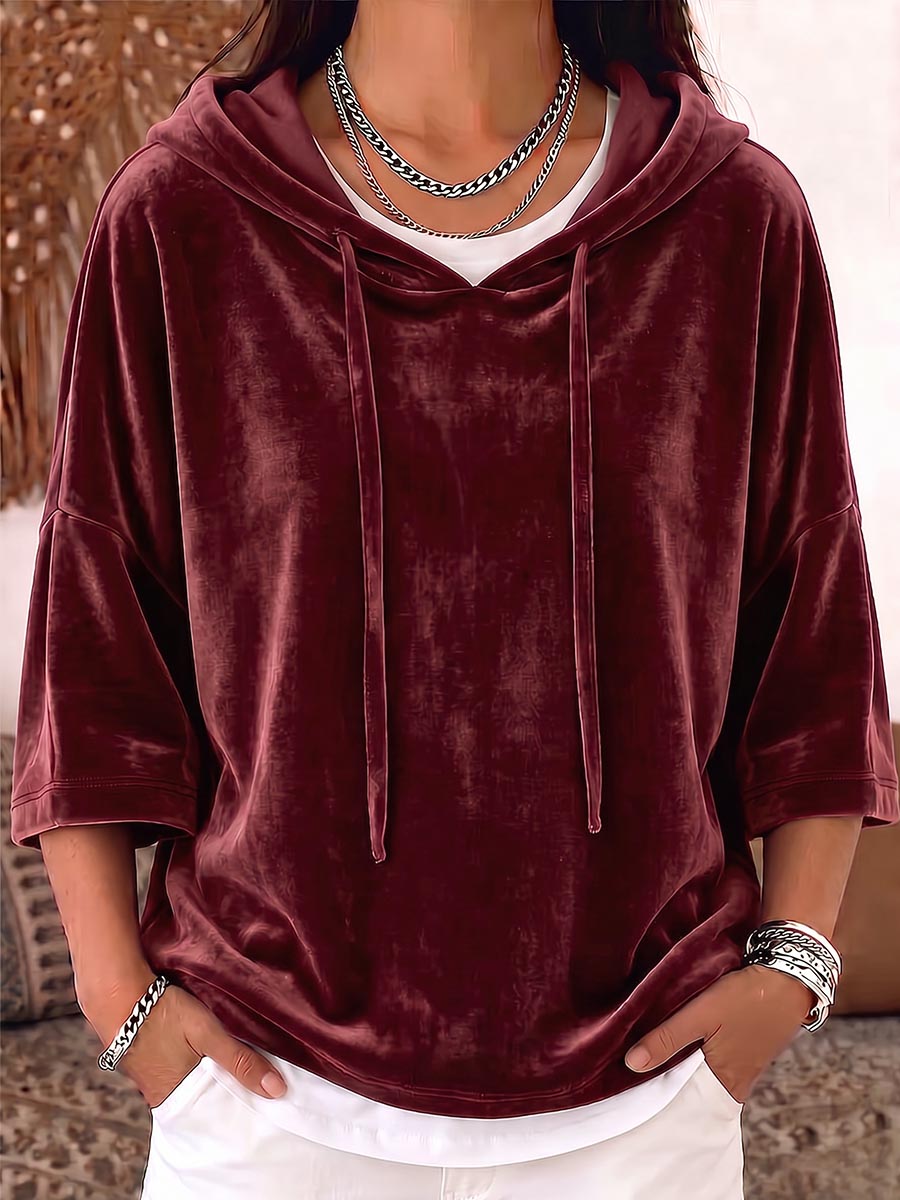 Women's Solid Color 3/4 Sleeve Casual Loose Velvet Hooded Top