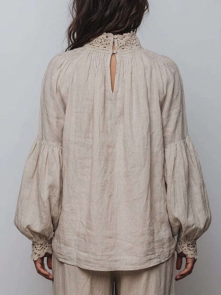 Bohemian Patchwork-style Lace, Linen, And Cotton Shirt