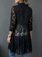 Washed Denim Lapel Dual Chest Pocket Long Sleeve Splice Hollow Lace Mid-length Cardigan Coat
