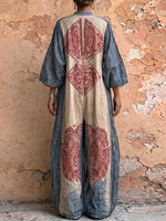 Women's Vintage Print V-neck 3/4-sleeve Cotton-linen Jumpsuit