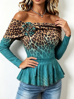 Boho Chic Bold Eopard-print Peplum Stretch Blouse