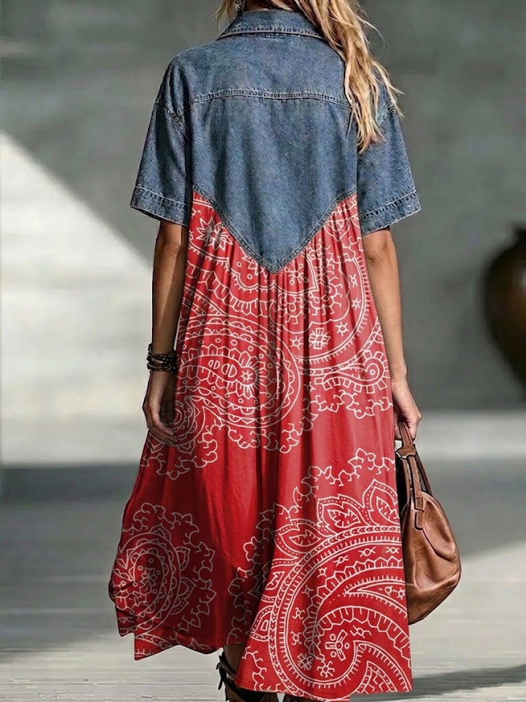 Bohemian Patchwork Paisley Print Cotton Denim Dress