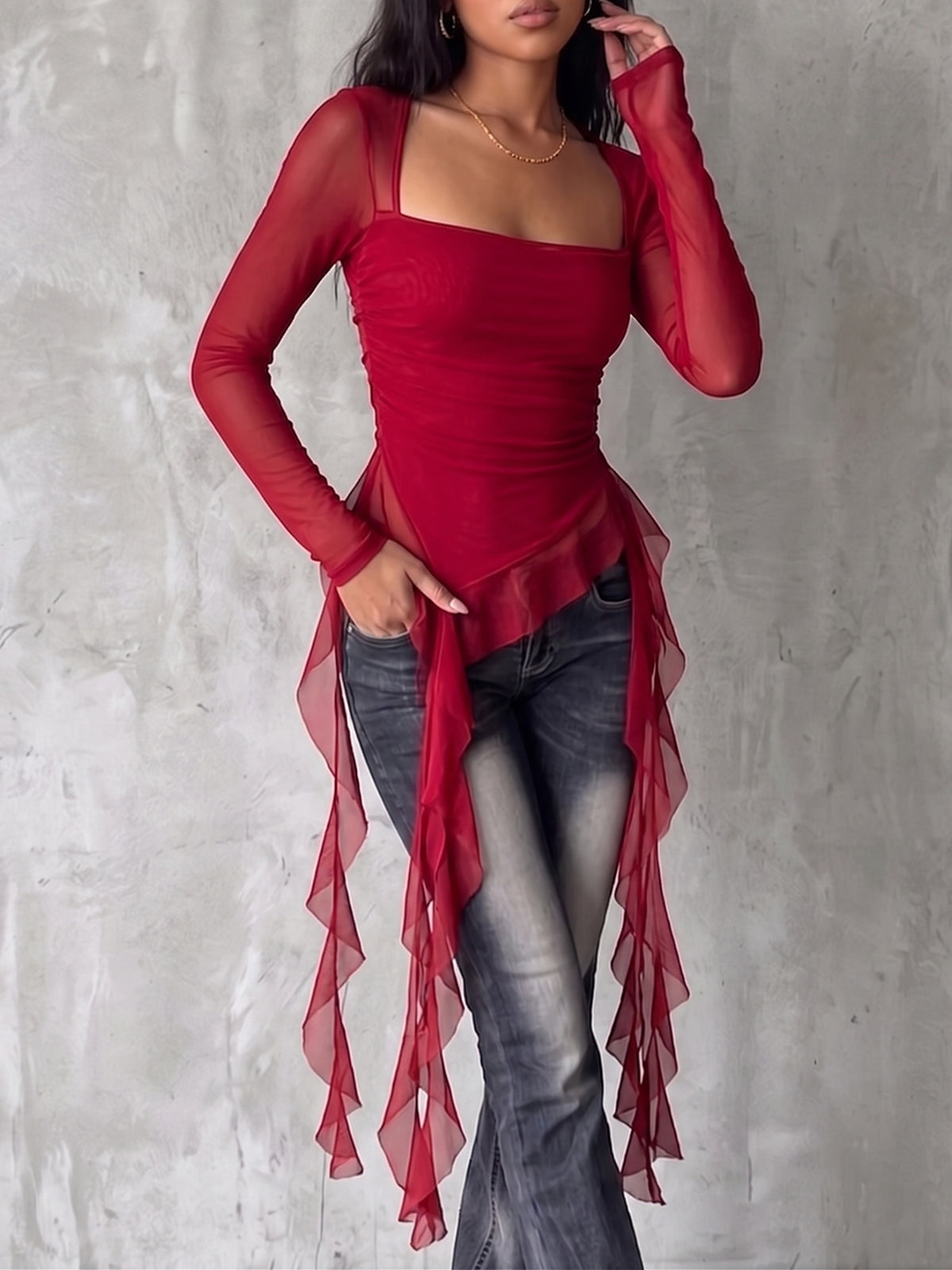 Cozy Stretch Mesh Ribbon Top