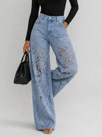 Lace Cut-out Wide-leg Denim Jeans
