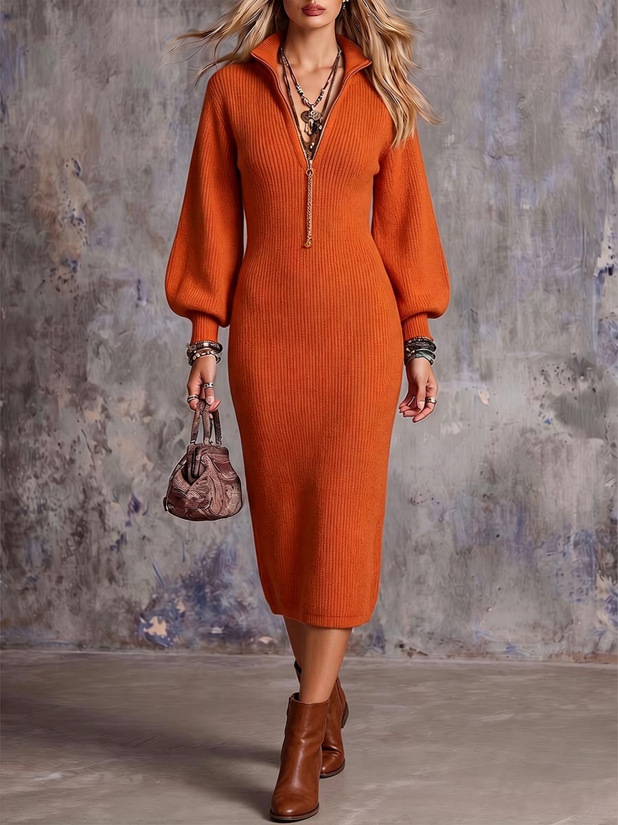Women's Solid Color Stand Collar Long Sleeve Casual Loose Knit Dress