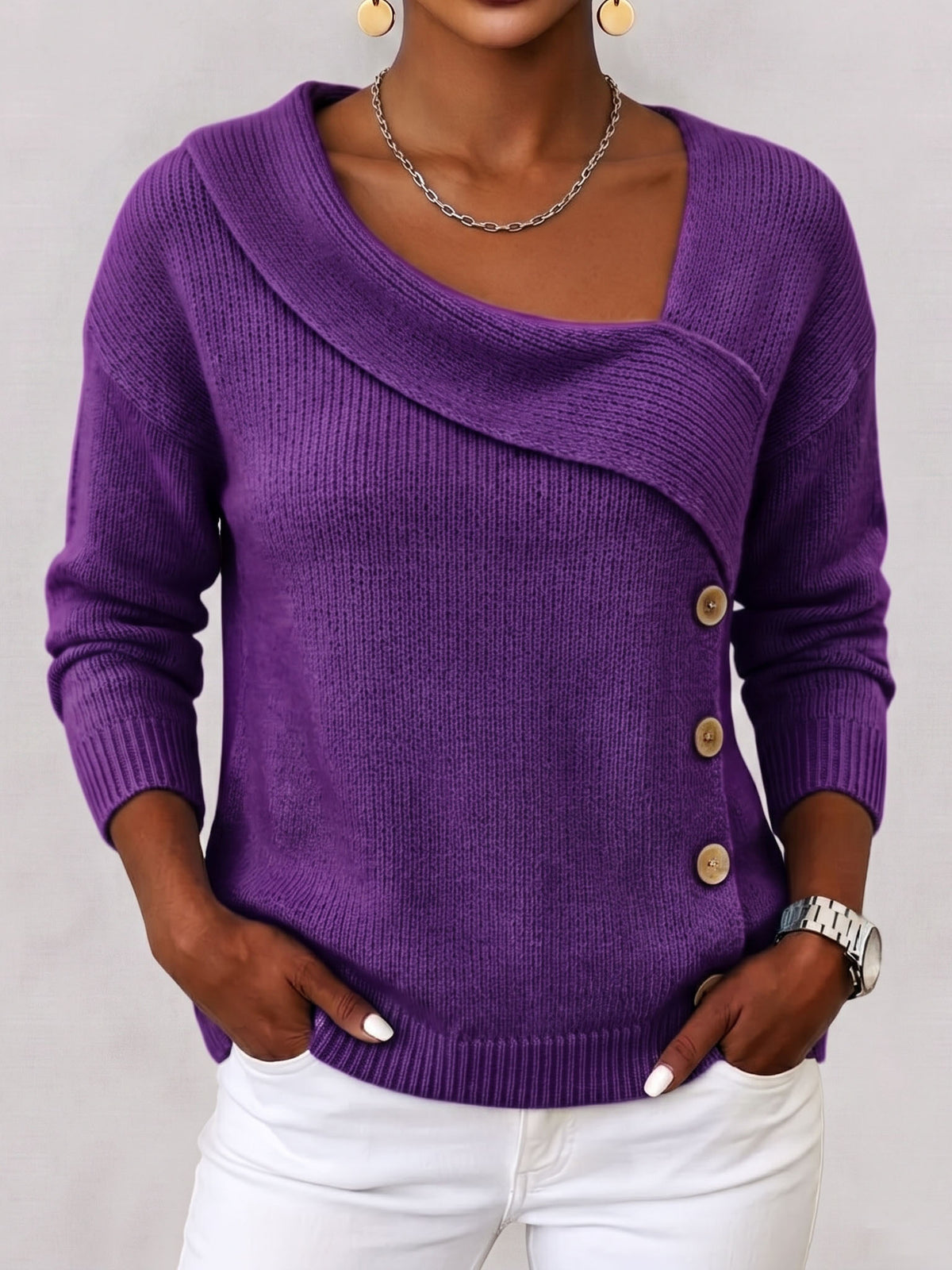 Elegant Asymmetrical Button-up Sweater