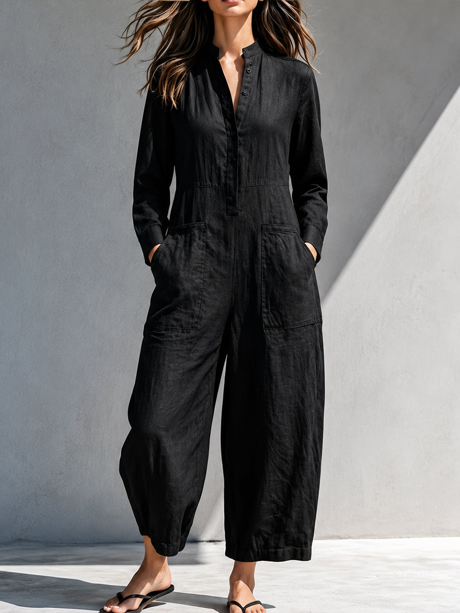 Casual Linen-cotton Button-front Jumpsuit
