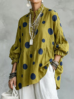 Boho Chic Olive Polka Dot RuffledLinen Tunic Top