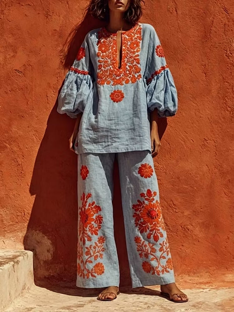 Loose And Cozy Linen-cotton Tunic And Trousers Two-piece Set