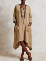 Casual V-neck Cotton-linen Dress With 3/4 Sleeves And An Asymmetrical Hem