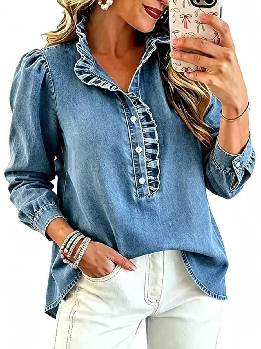 Casual Ruffled Denim Shirt