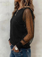 Round-neck Sheer Mesh Top Featuring Starry Glitter Detailing And Long Lantern Sleeves
