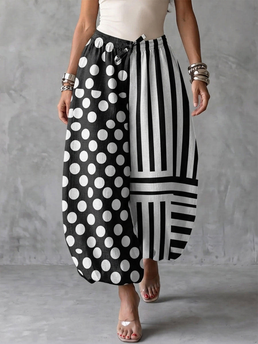 Contrast Polka Dot Stripe Linen Drawstring Harem Midi Pants