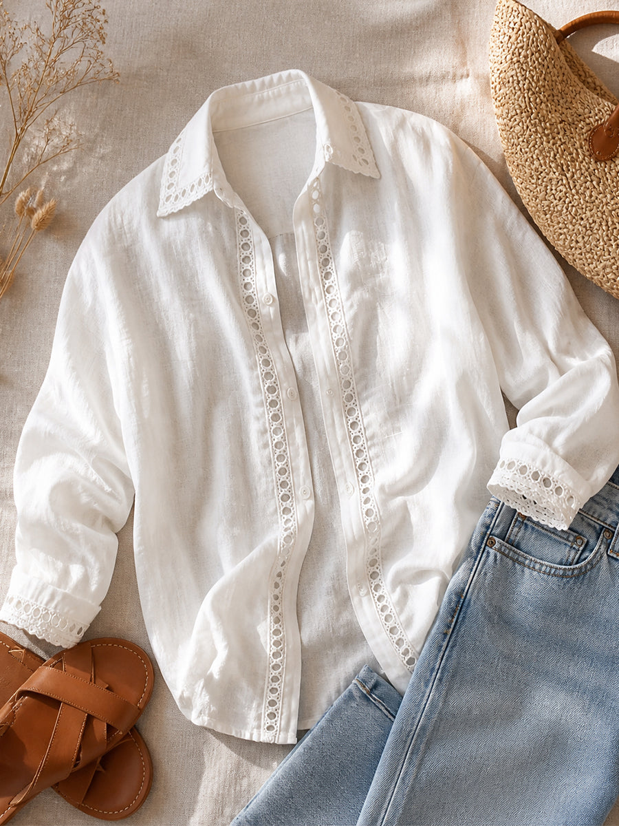 Casual Long-sleeve Linen-cotton Shirt With Spliced cutout Webbing