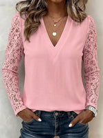 Solid V-neck Floral Hollow Lace Spliced Long Sleeve Casual Top