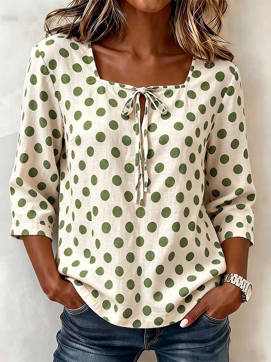 Women's Polka Dot Print Square Neck 3/4 Sleeve Casual Loose Cotton Linen Top