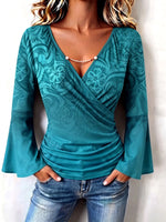 Boho Floral Print V-neck Flared Sleeve Stretch Blouse