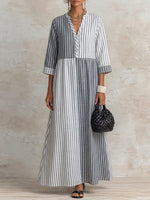Casual Loose-fit Paneled Striped Cotton-linen Dress