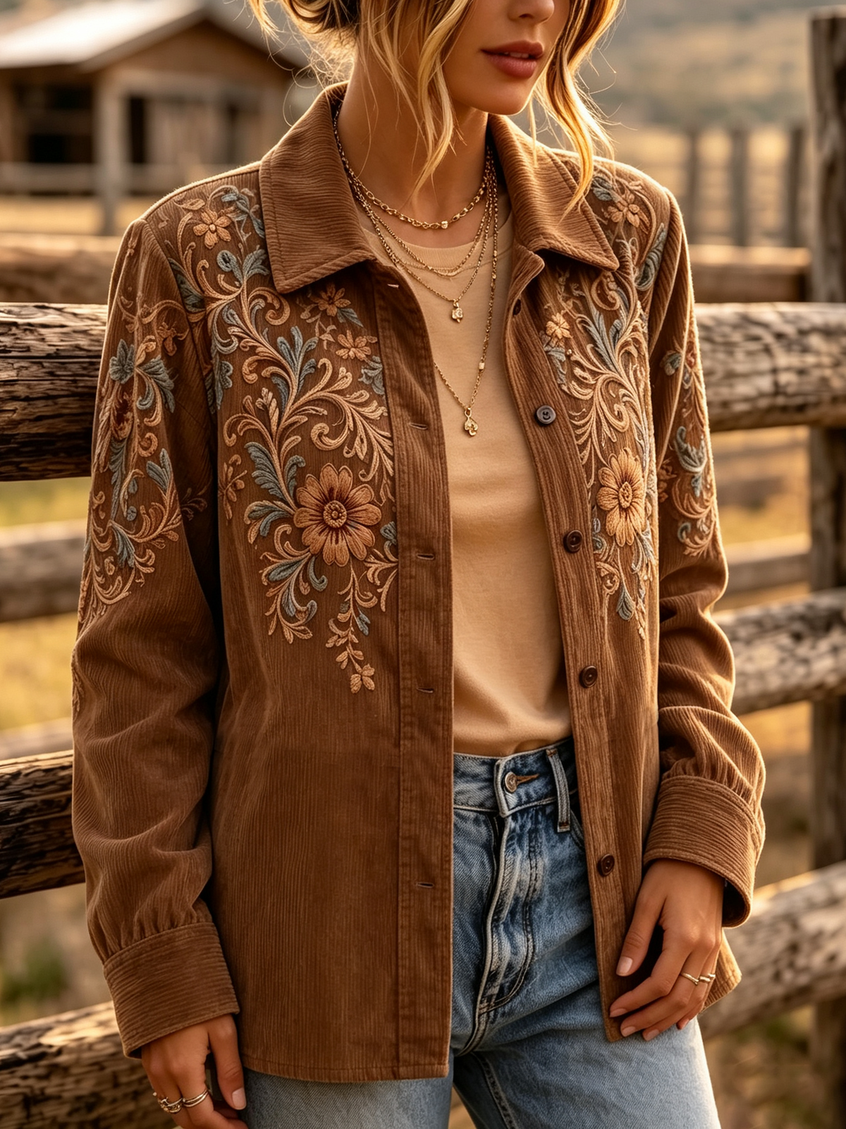 Retro Vibrant Floral Corduroy Shirt Jacket
