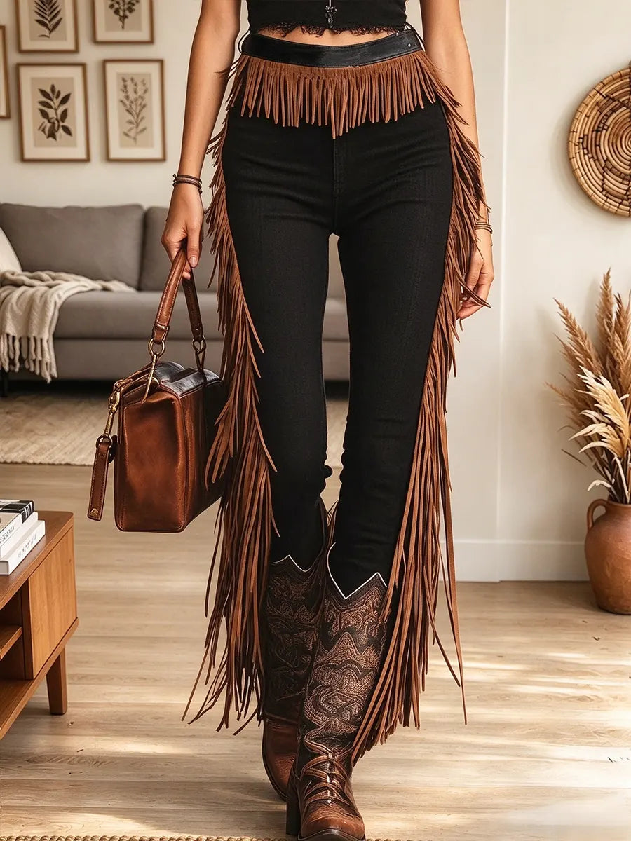 Women's High Waist Fringe Flare Pants
