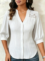 Lace-paneled V-neck Blouse Featuring Vertical Pleats, A Fitted Waist, And Puff Three-quarter Sleeves