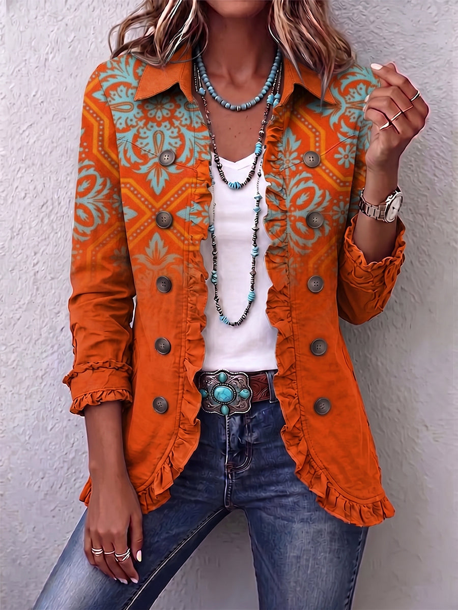 Vibrant Boho Geometric Ruffled Jacket