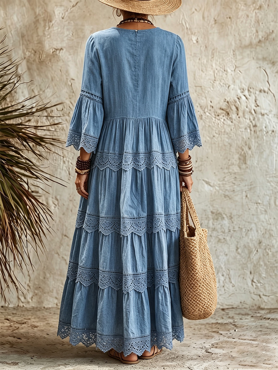 Boho Denim Lace-Trim Maxi Dress