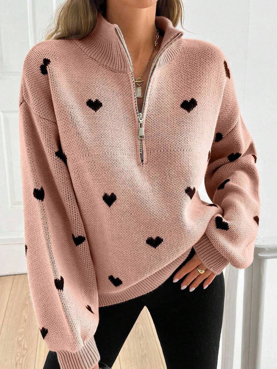 Cozy Half-zip Knit Pullover With Heart Pattern