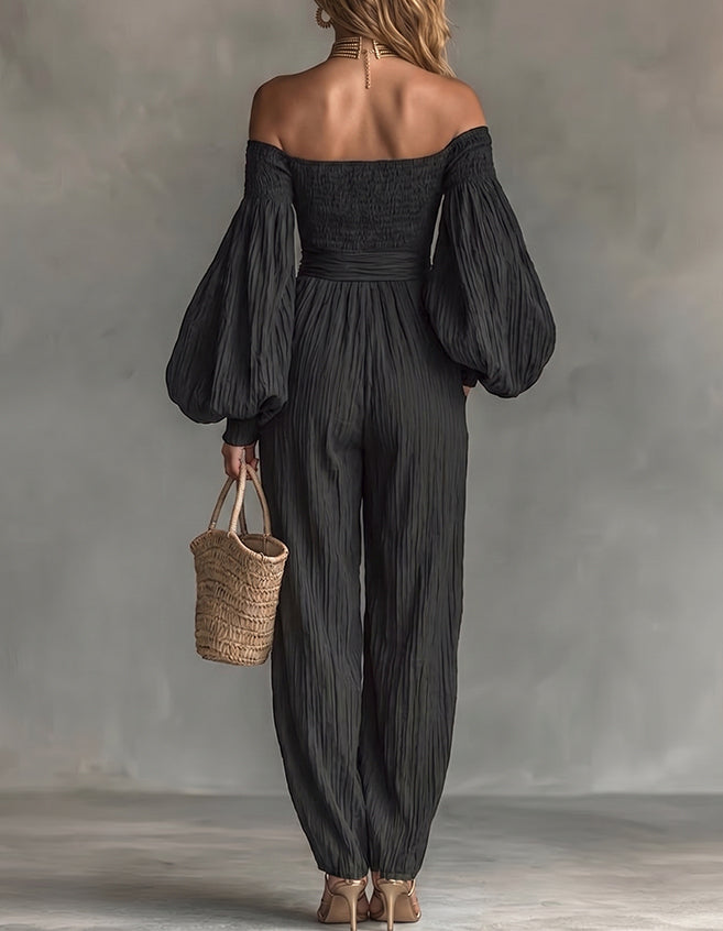 Women's Off-shoulder Long-sleeved Pleated Fabric Solid Color Jumpsuit