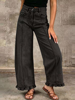 Vintage-Inspired Washed Denim Ruffled Wide-Leg Pants