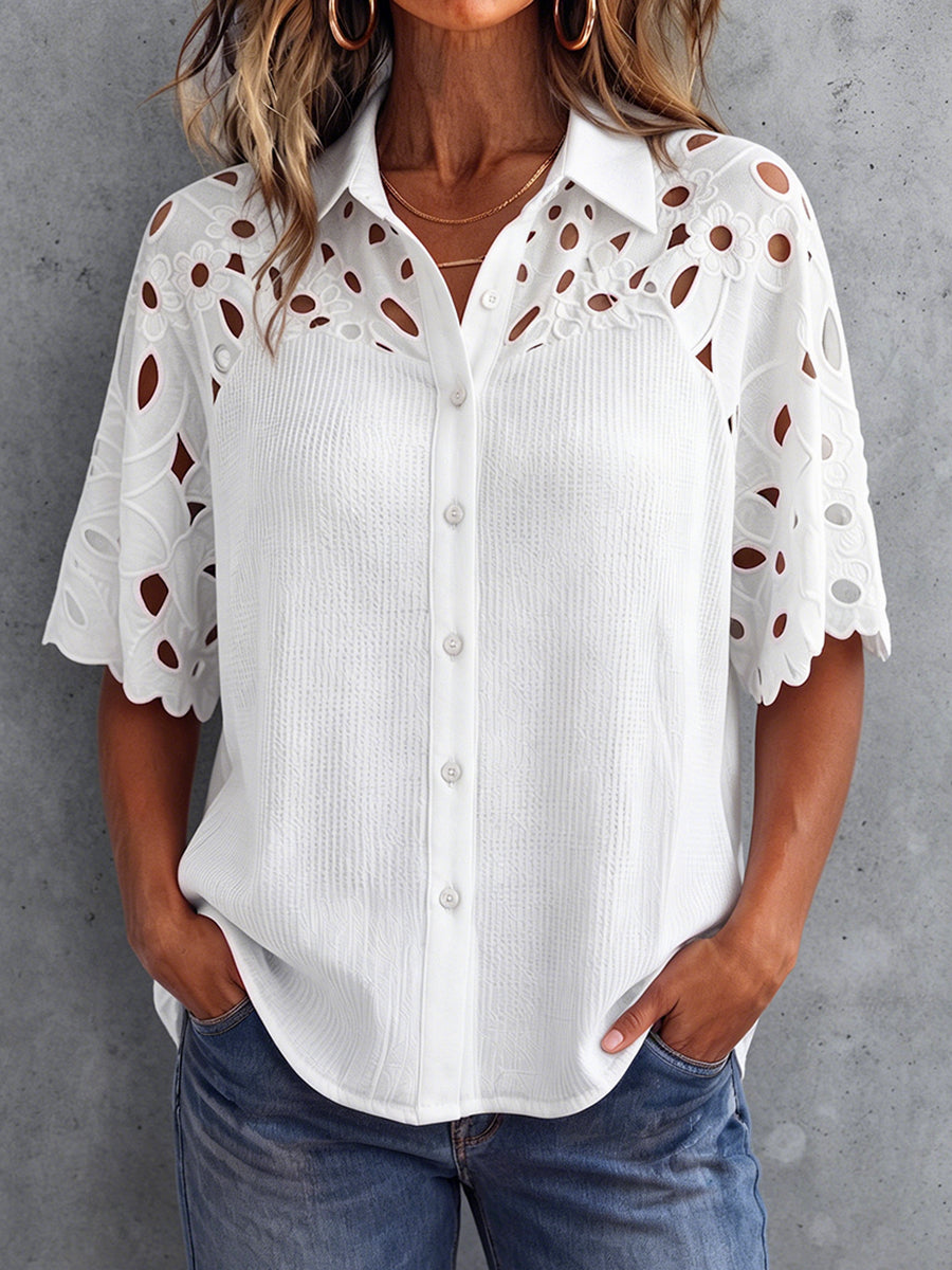 Boho Floral Embroidered Patchwork Knit Button-up Top
