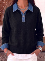 Women's Pullover Collar Long-sleeved Casual Loose Denim Patchwork Knit Top