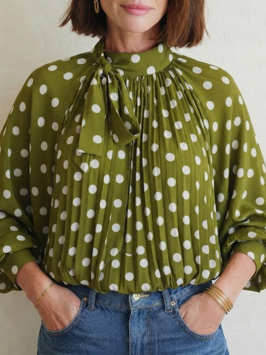 Elegant, Loose-fitting Women's Blouse Featuring Polka Dots, A Tie-neck, And Sheer Lantern Sleeves
