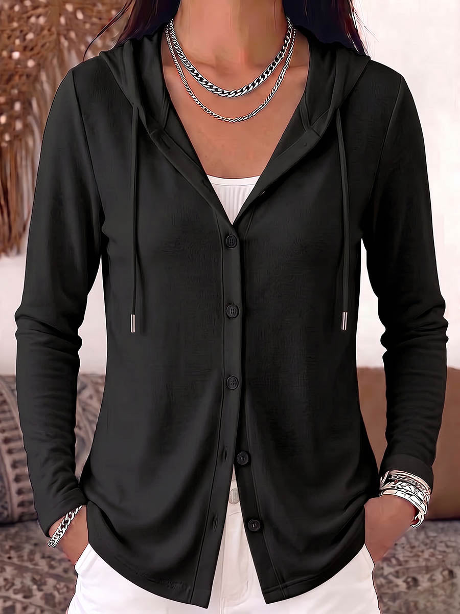 Women's Solid Color Long-sleeved Casual Loose Hooded Pure Cotton Cardigan